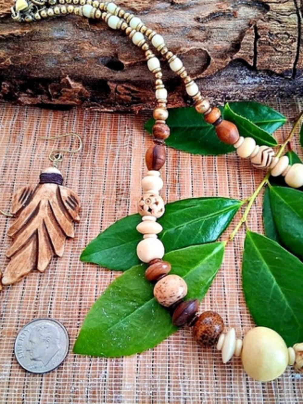 Wood Beaded Necklace & Earrings Set, Brown & Cream